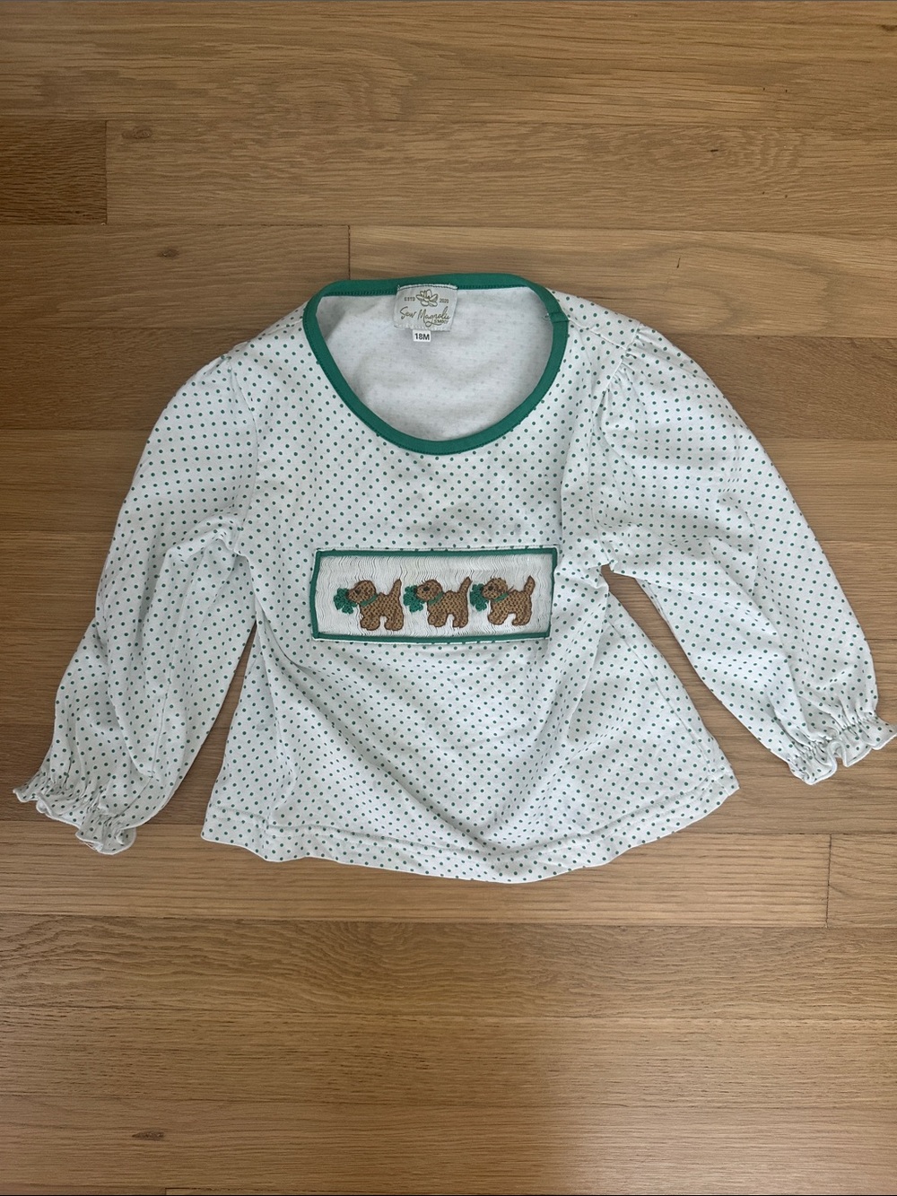White Polka Dot Long-Sleeve Tee with Green Trim & Puppy Applique